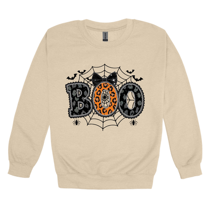 BOO Halloween Apparel design on adult crewneck in tan, front view.