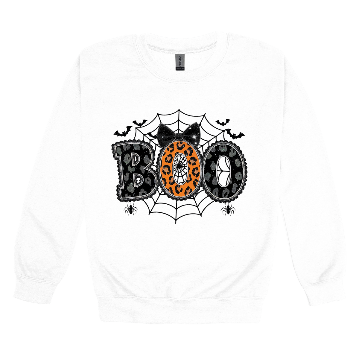 BOO Halloween Apparel design on adult crewneck in white, front view.