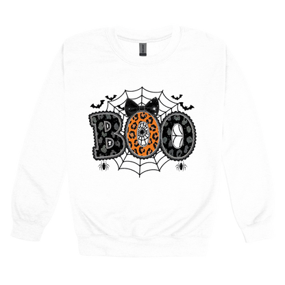 BOO Halloween Apparel design on adult crewneck in white, front view.