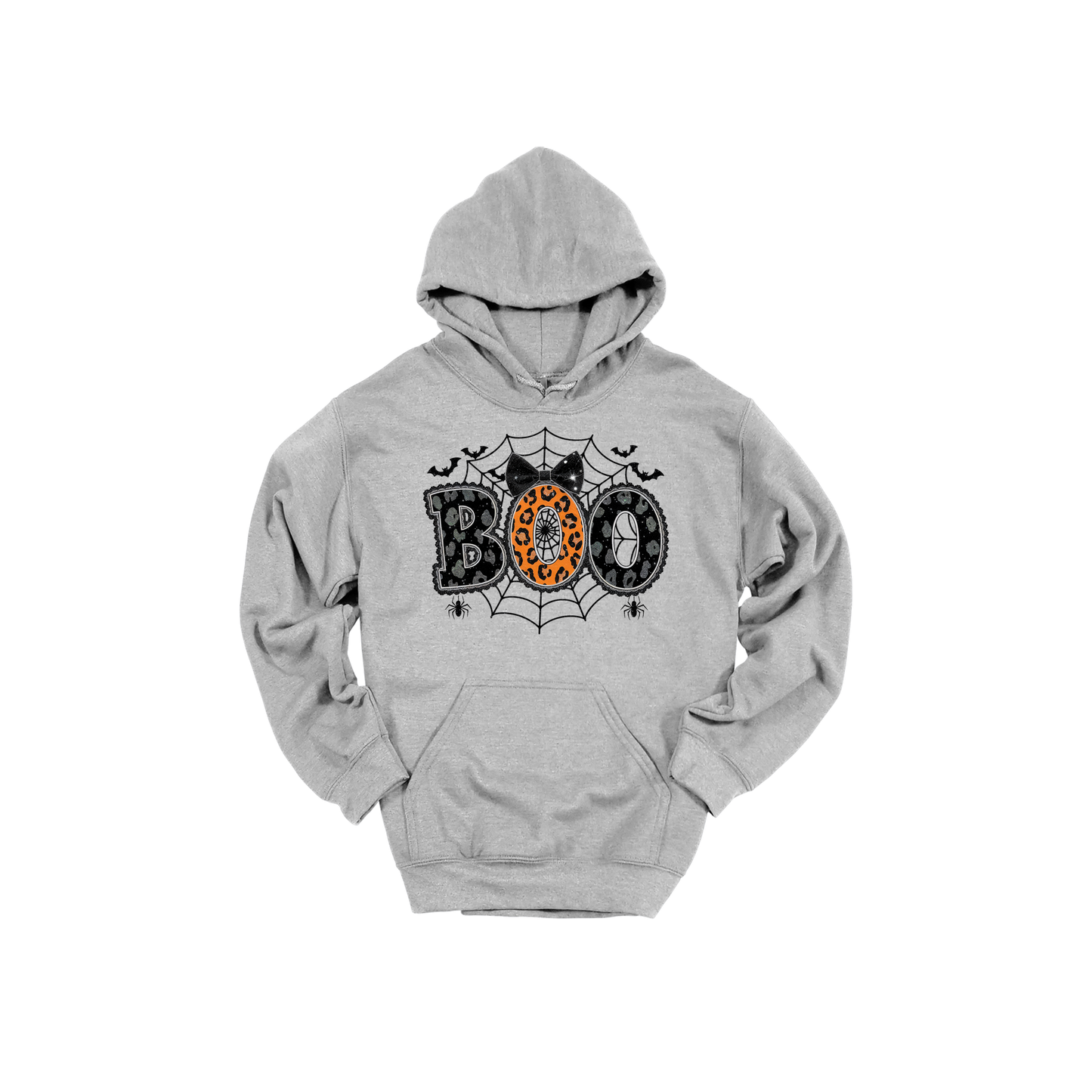 BOO Halloween Apparel design on adult hoodie in gray, front view.