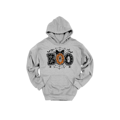 BOO Halloween Apparel design on adult hoodie in gray, front view.