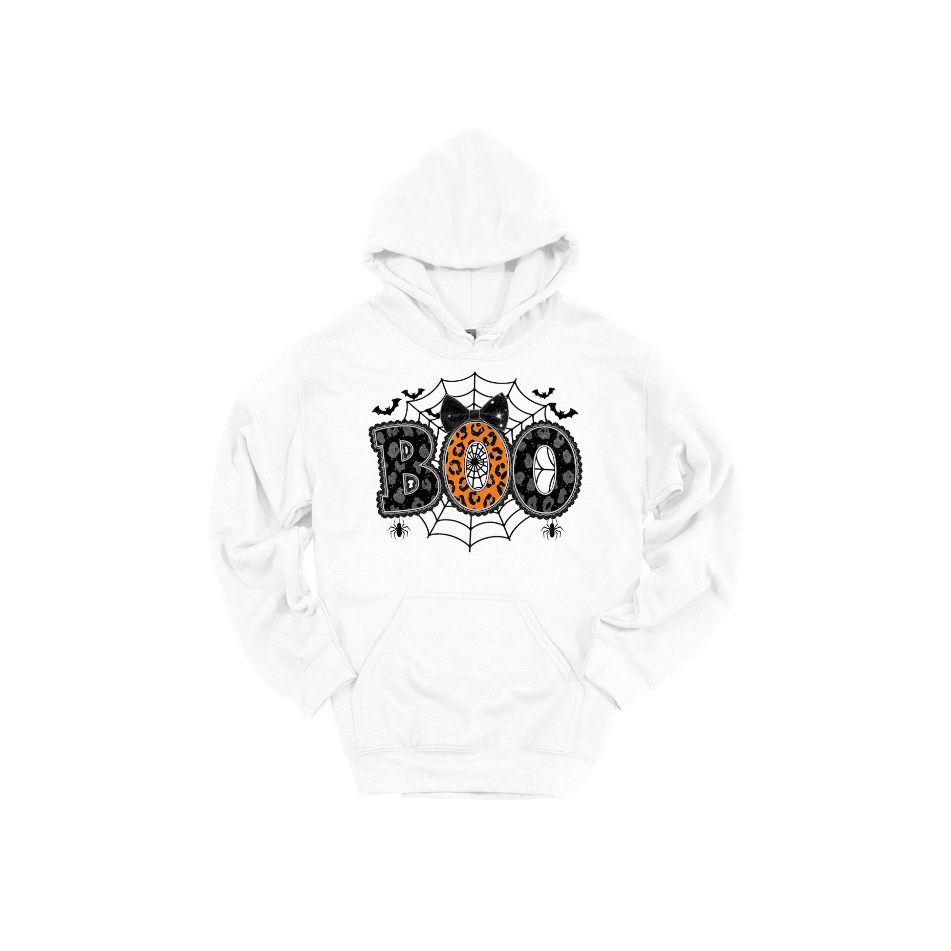 BOO Halloween Apparel design on adult hoodie in white, front view.