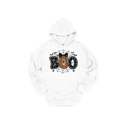 BOO Halloween Apparel design on adult hoodie in white, front view.