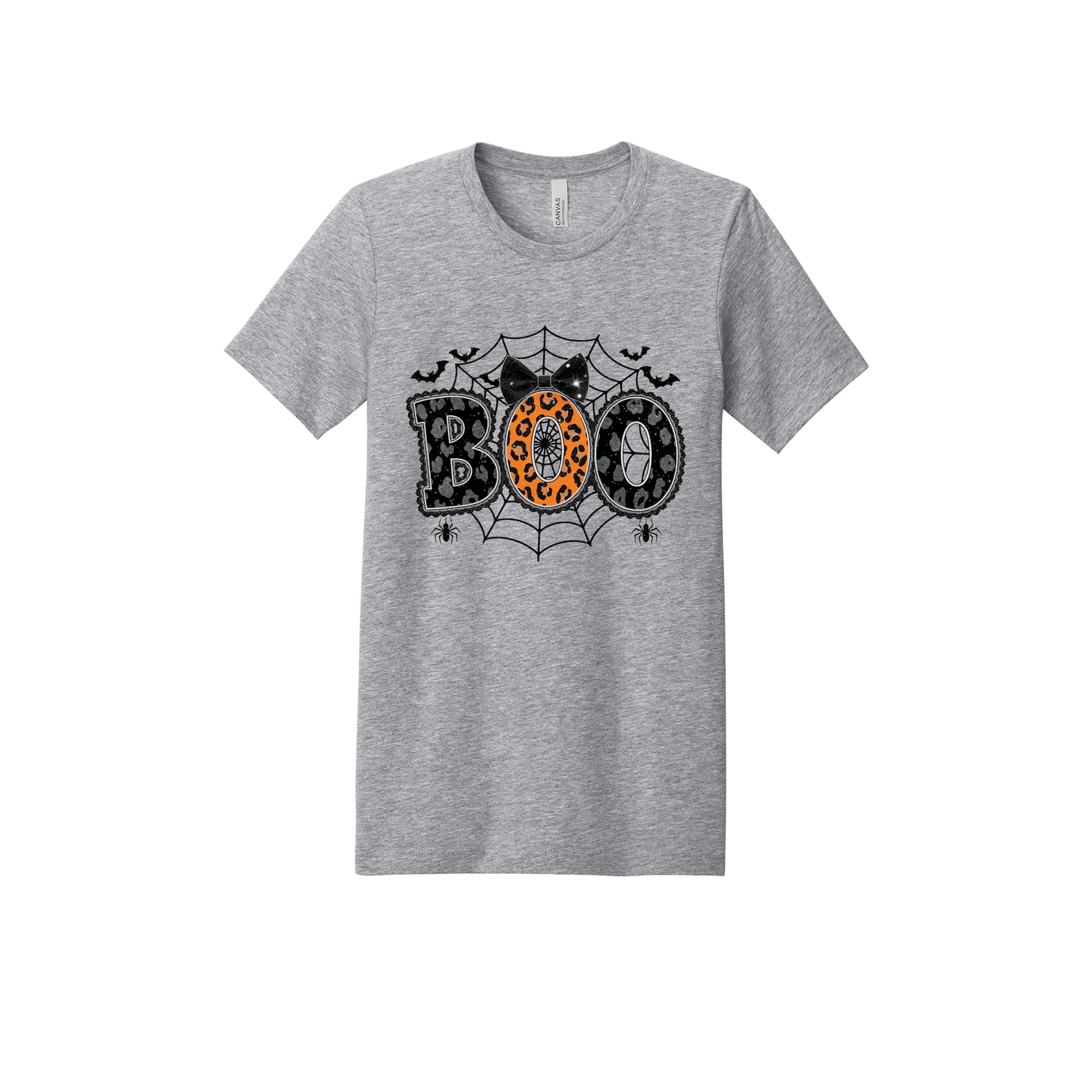 BOO Halloween Apparel design on adult tee in gray, front view.