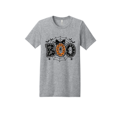 BOO Halloween Apparel design on adult tee in gray, front view.