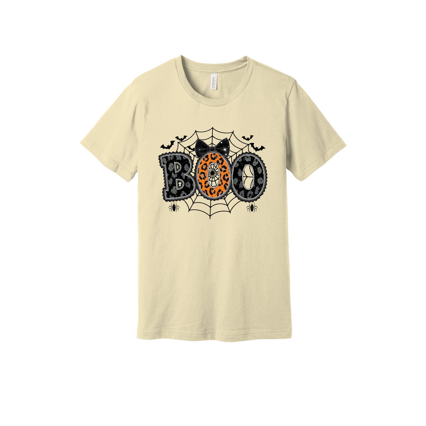 BOO Halloween Apparel design on adult tee in tan, front view.