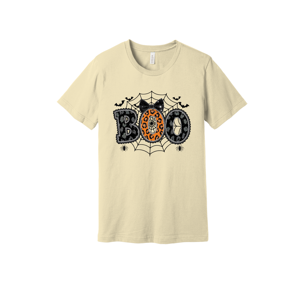 BOO Halloween Apparel design on adult tee in tan, front view.