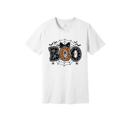 BOO Halloween Apparel design on adult tee in white, front view.