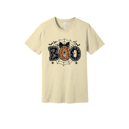 BOO Halloween Apparel design on generic tee presentation in tan, front view.