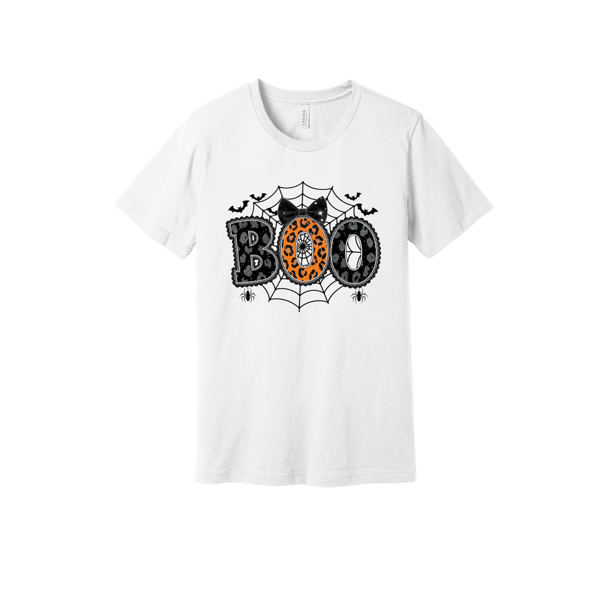 BOO Halloween Apparel design on generic tee presentation in white, front view.