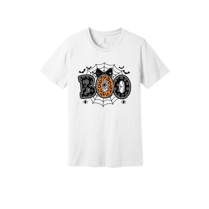 BOO Halloween Apparel design on generic tee presentation in white, front view.