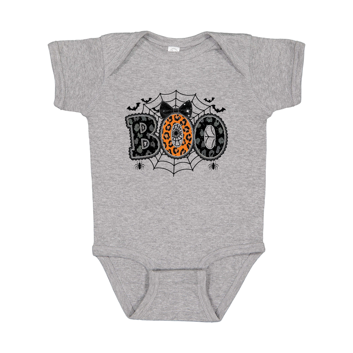 BOO Halloween Apparel design on infant onesie in gray, front view.