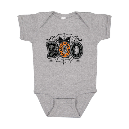 BOO Halloween Apparel design on infant onesie in gray, front view.