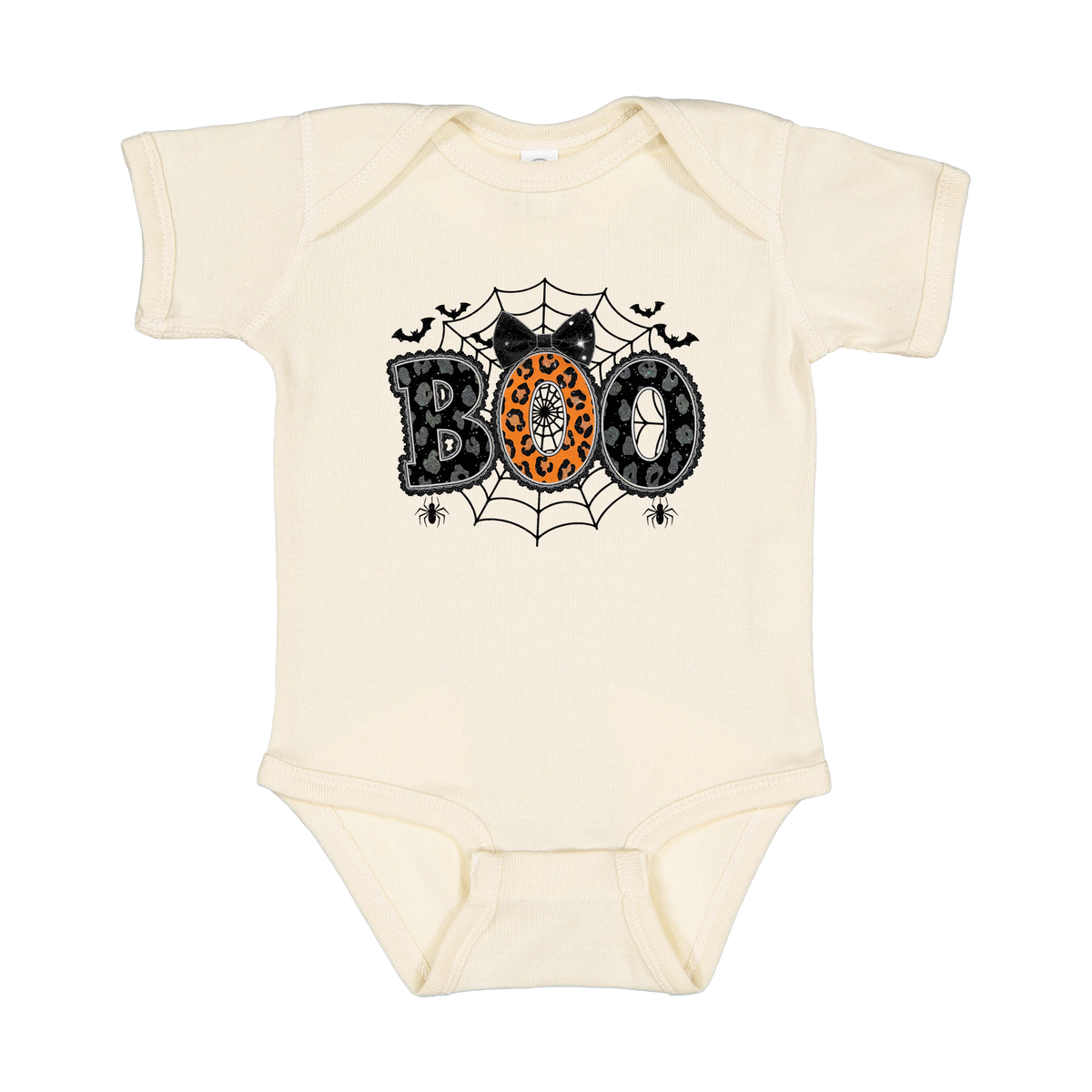BOO Halloween Apparel design on infant onesie in tan, front view.