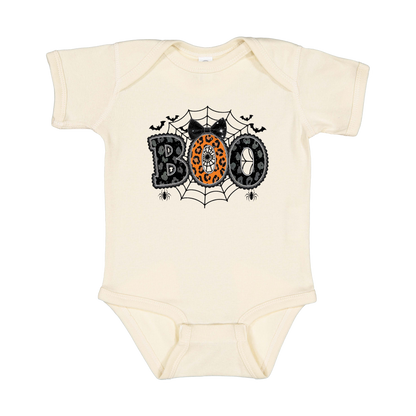 BOO Halloween Apparel design on infant onesie in tan, front view.