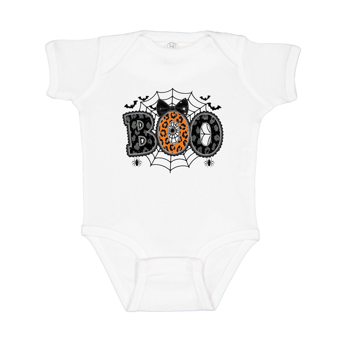 BOO Halloween Apparel design on infant onesie in white, front view.