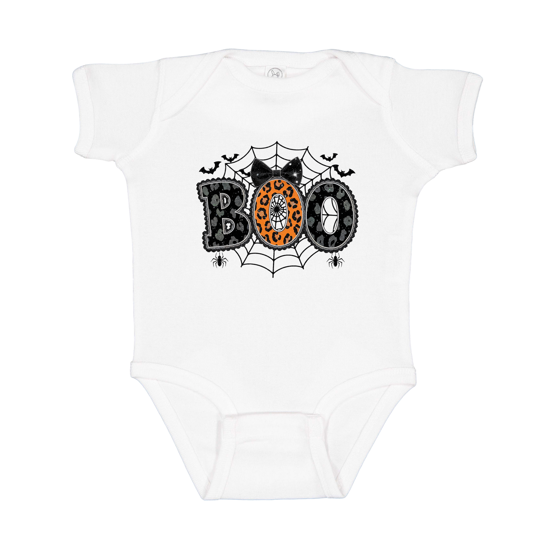 BOO Halloween Apparel design on infant onesie in white, front view.