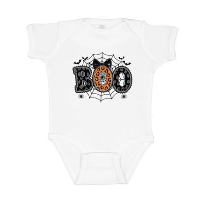BOO Halloween Apparel design on infant onesie in white, front view.