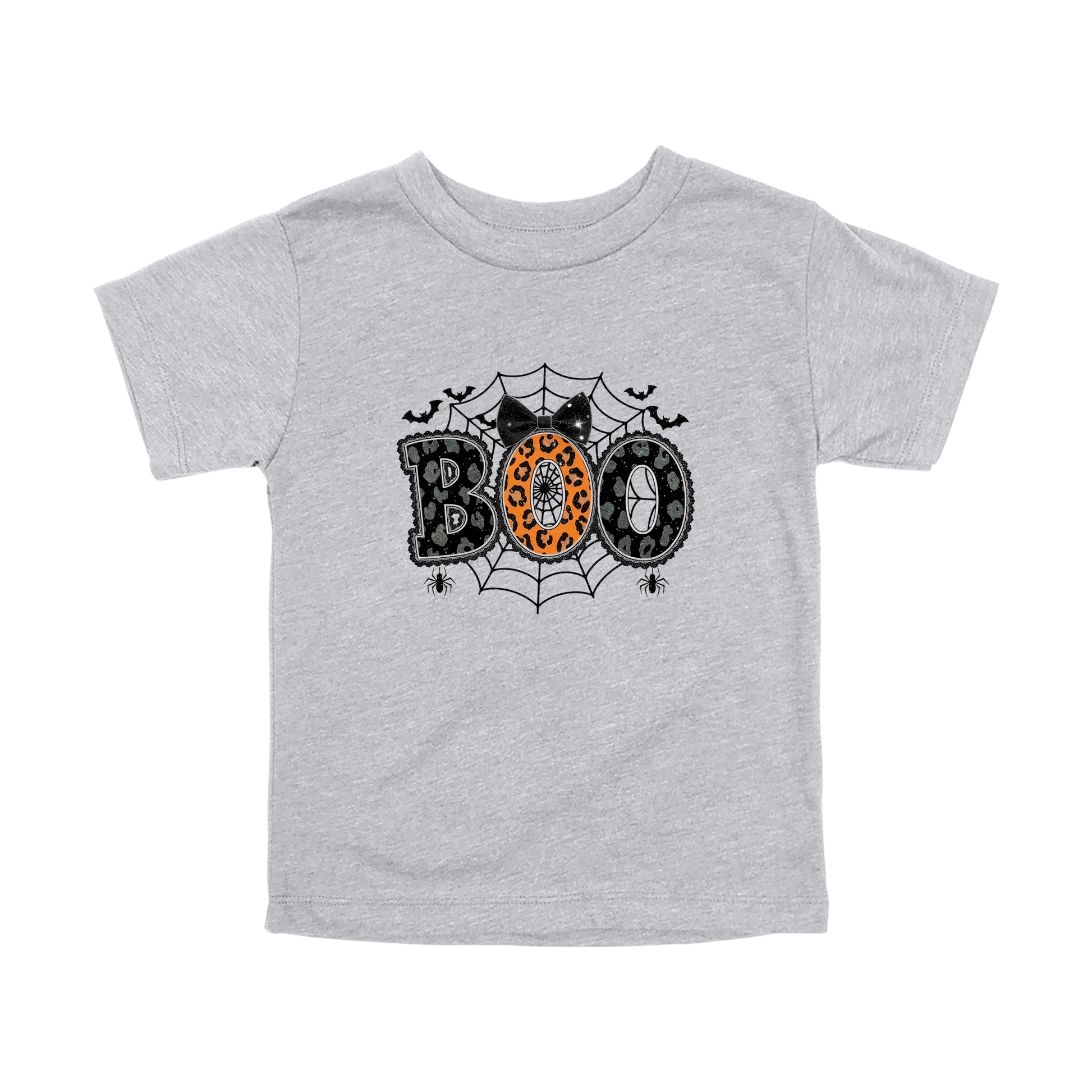 BOO Halloween Apparel design on toddler tee in gray, front view.