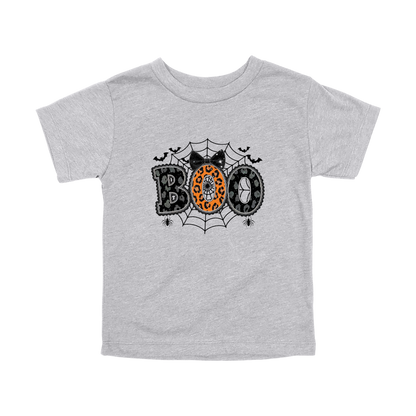 BOO Halloween Apparel design on toddler tee in gray, front view.