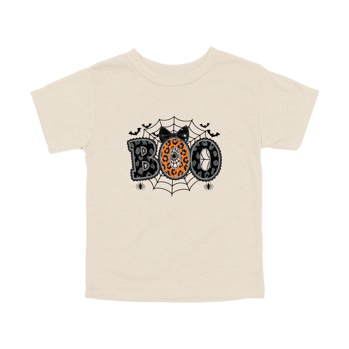 BOO Halloween Apparel design on toddler tee in tan, front view.