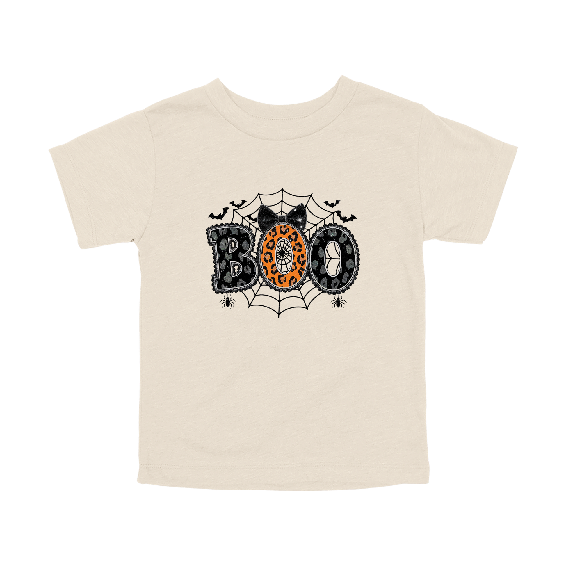 BOO Halloween Apparel design on toddler tee in tan, front view.