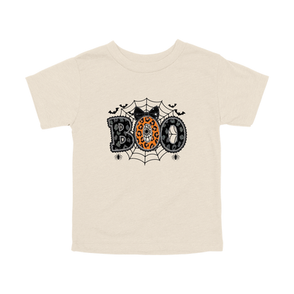 BOO Halloween Apparel design on toddler tee in tan, front view.