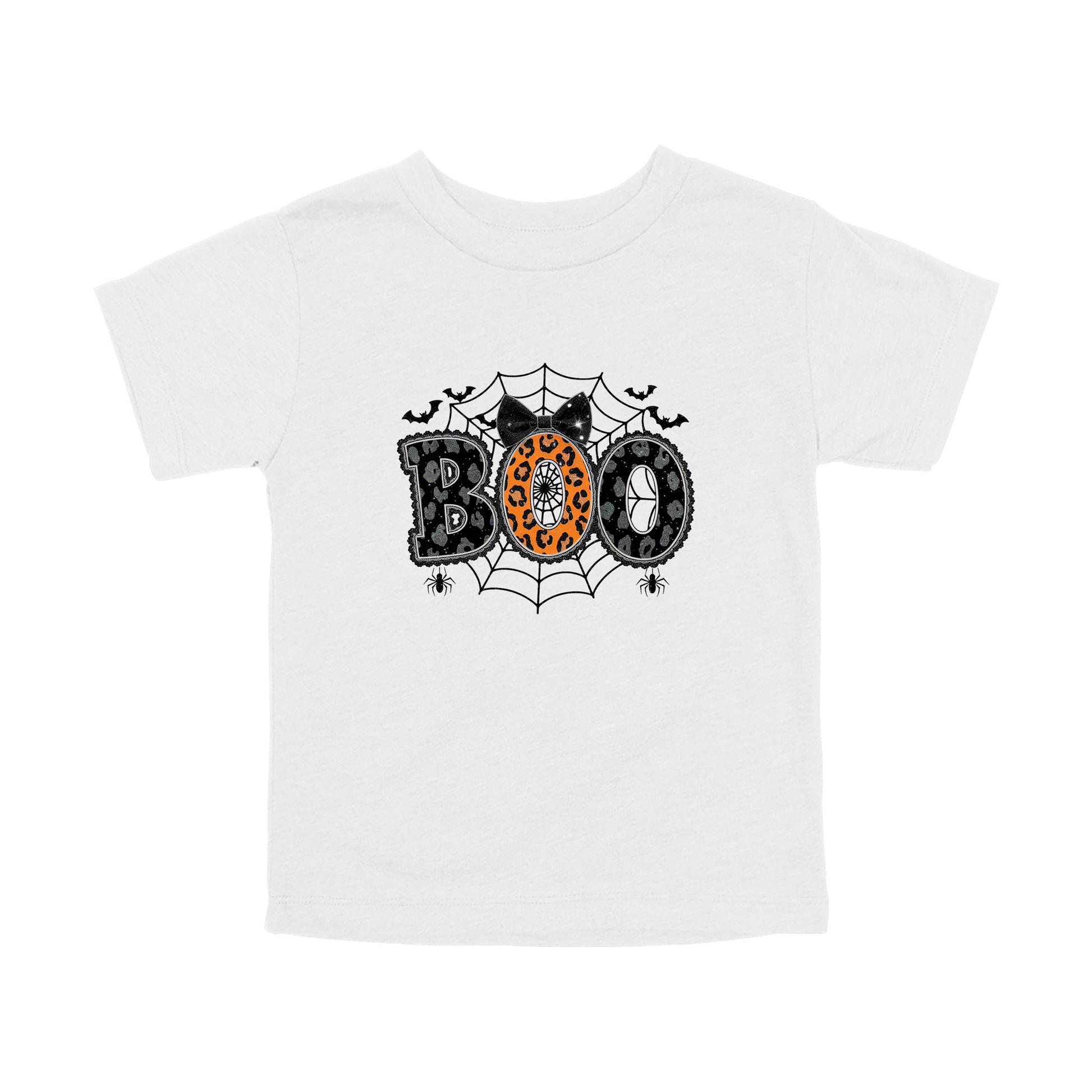 BOO Halloween Apparel design on toddler tee in white, front view.