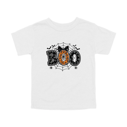 BOO Halloween Apparel design on toddler tee in white, front view.