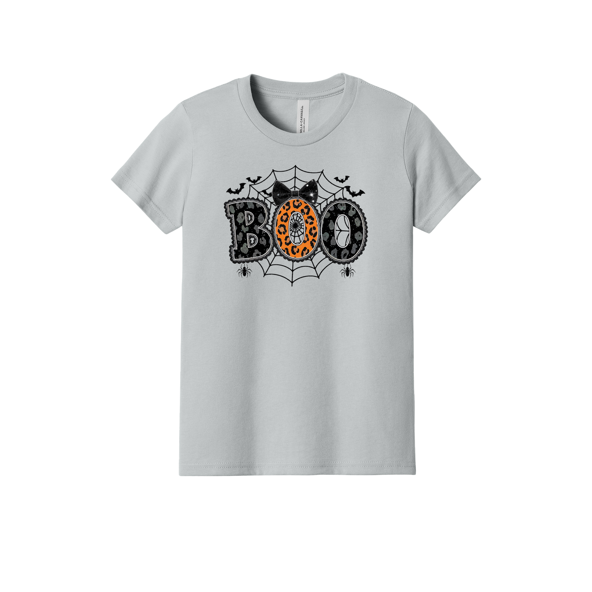 BOO Halloween Apparel design on youth tee in gray, front view.