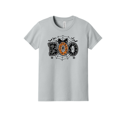 BOO Halloween Apparel design on youth tee in gray, front view.