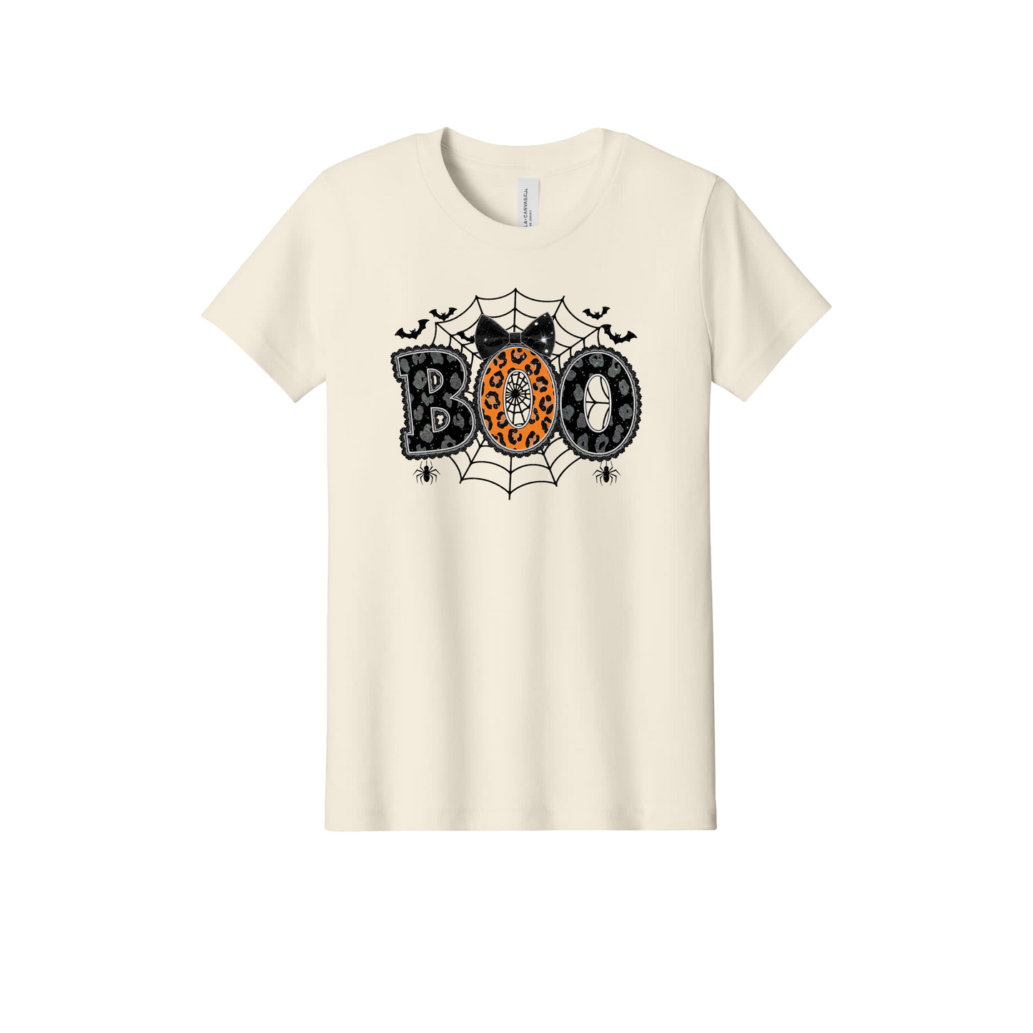 BOO Apparel design on official Youth Bella+Canvas T-shirt in Natural, front view.