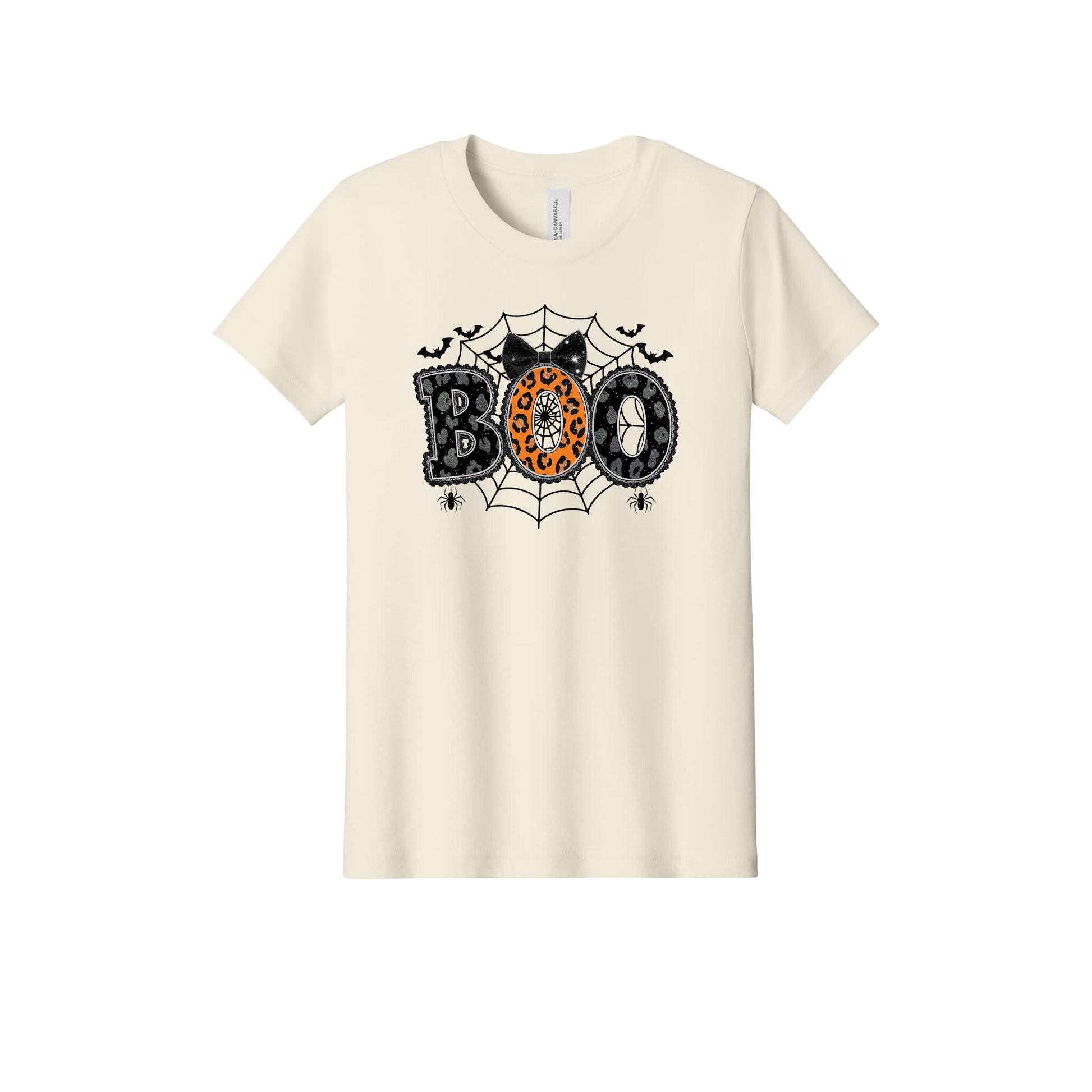 BOO Apparel design on official Youth Bella+Canvas T-shirt in Natural, front view.