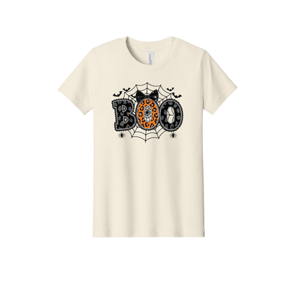 BOO Apparel design on official Youth Bella+Canvas T-shirt in Natural, front view.