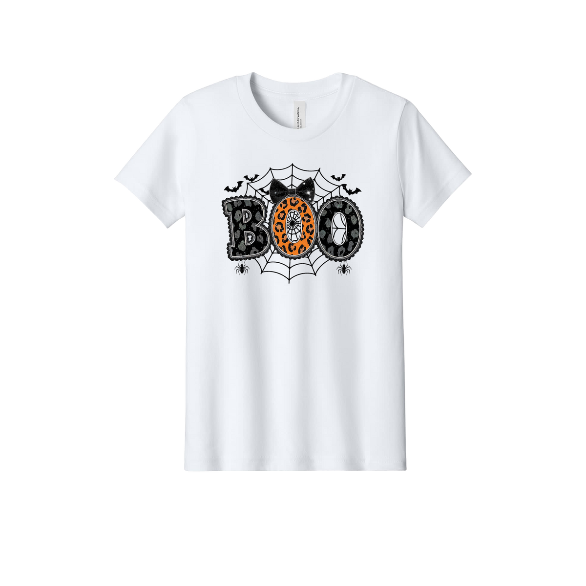 BOO Apparel design on official Youth Bella+Canvas T-shirt in White, front view.
