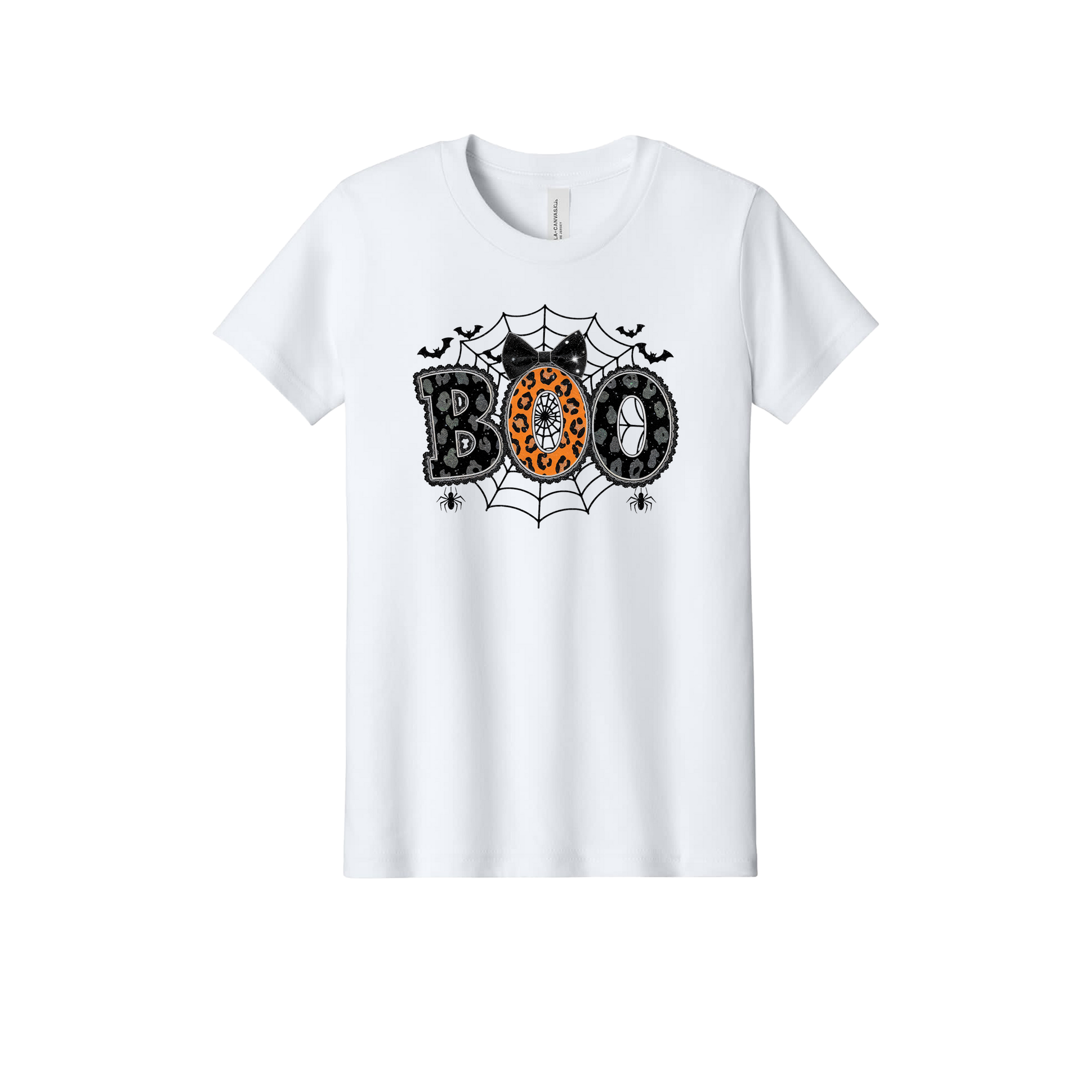 BOO Apparel design on official Youth Bella+Canvas T-shirt in White, front view.