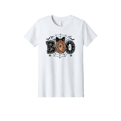 BOO Apparel design on official Youth Bella+Canvas T-shirt in White, front view.