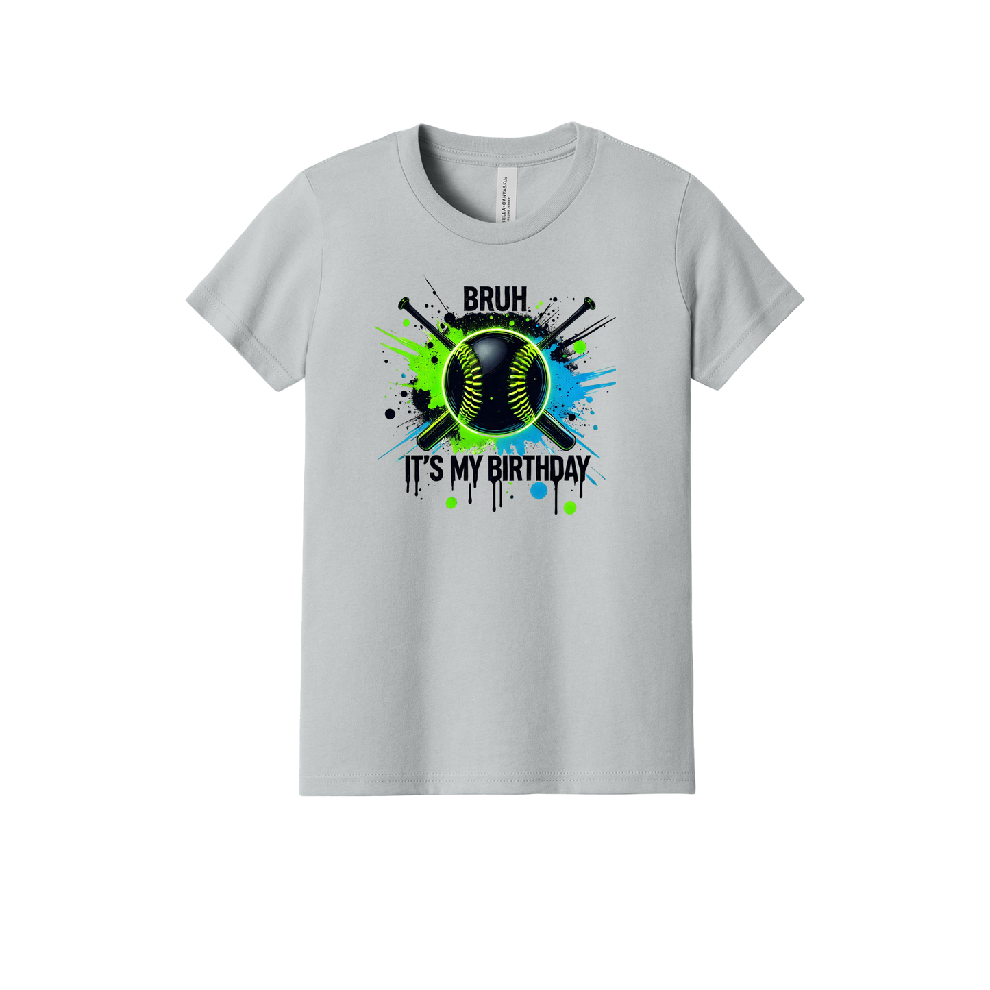 Buh It's My Birthday Apparel design on youth tee in gray, front view.