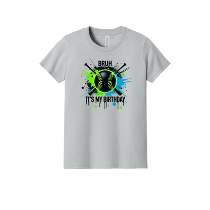Buh It's My Birthday Apparel design on youth tee in gray, front view.
