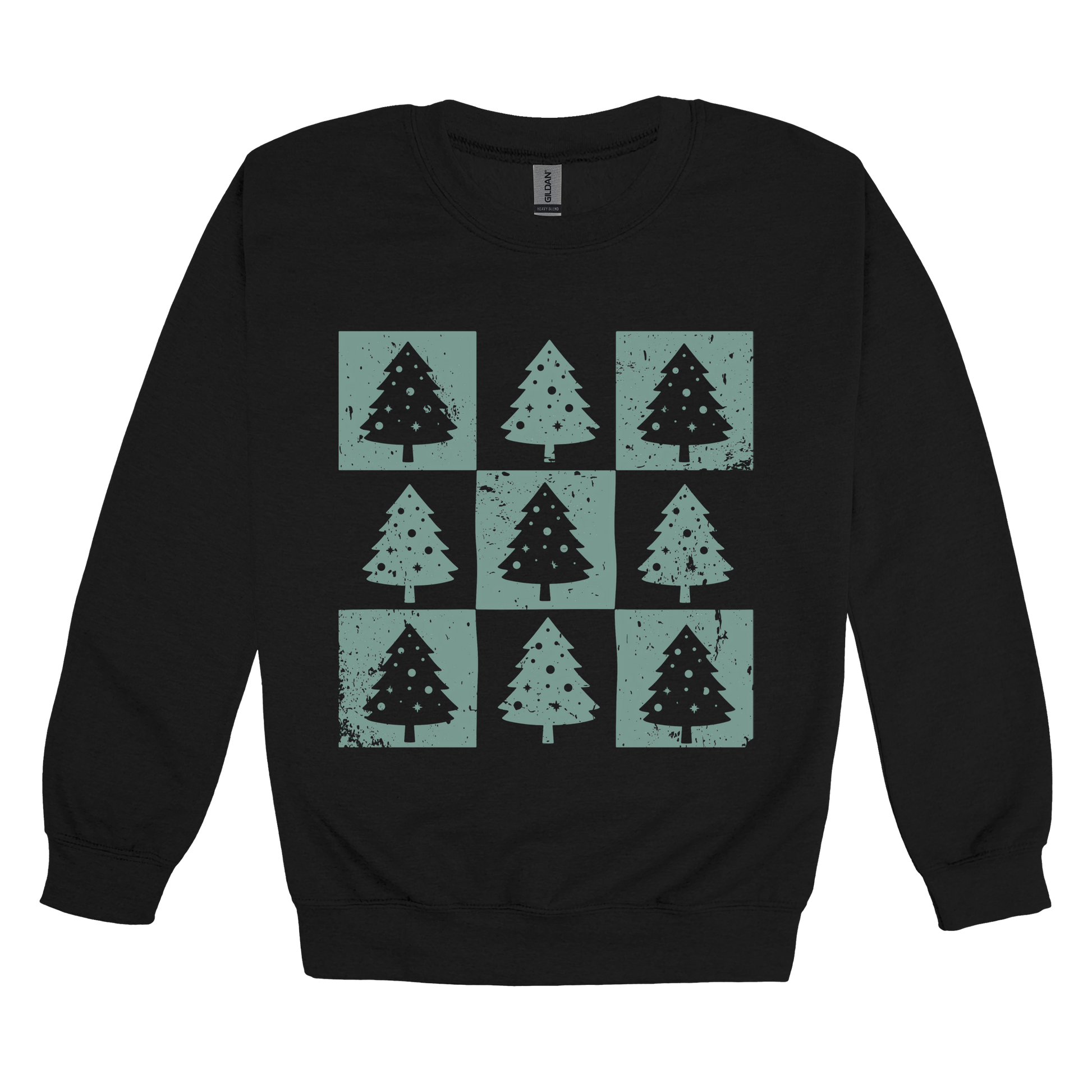 Checkered Trees Holiday Apparel design on adult crewneck in black, front view.