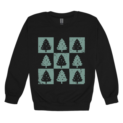 Checkered Trees Holiday Apparel design on adult crewneck in black, front view.