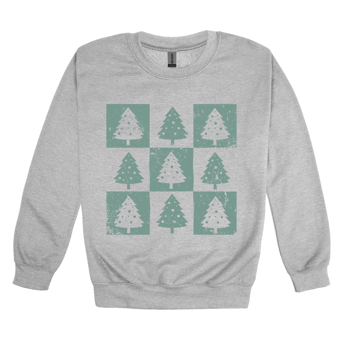 Checkered Trees Holiday Apparel design on adult crewneck in gray, front view.