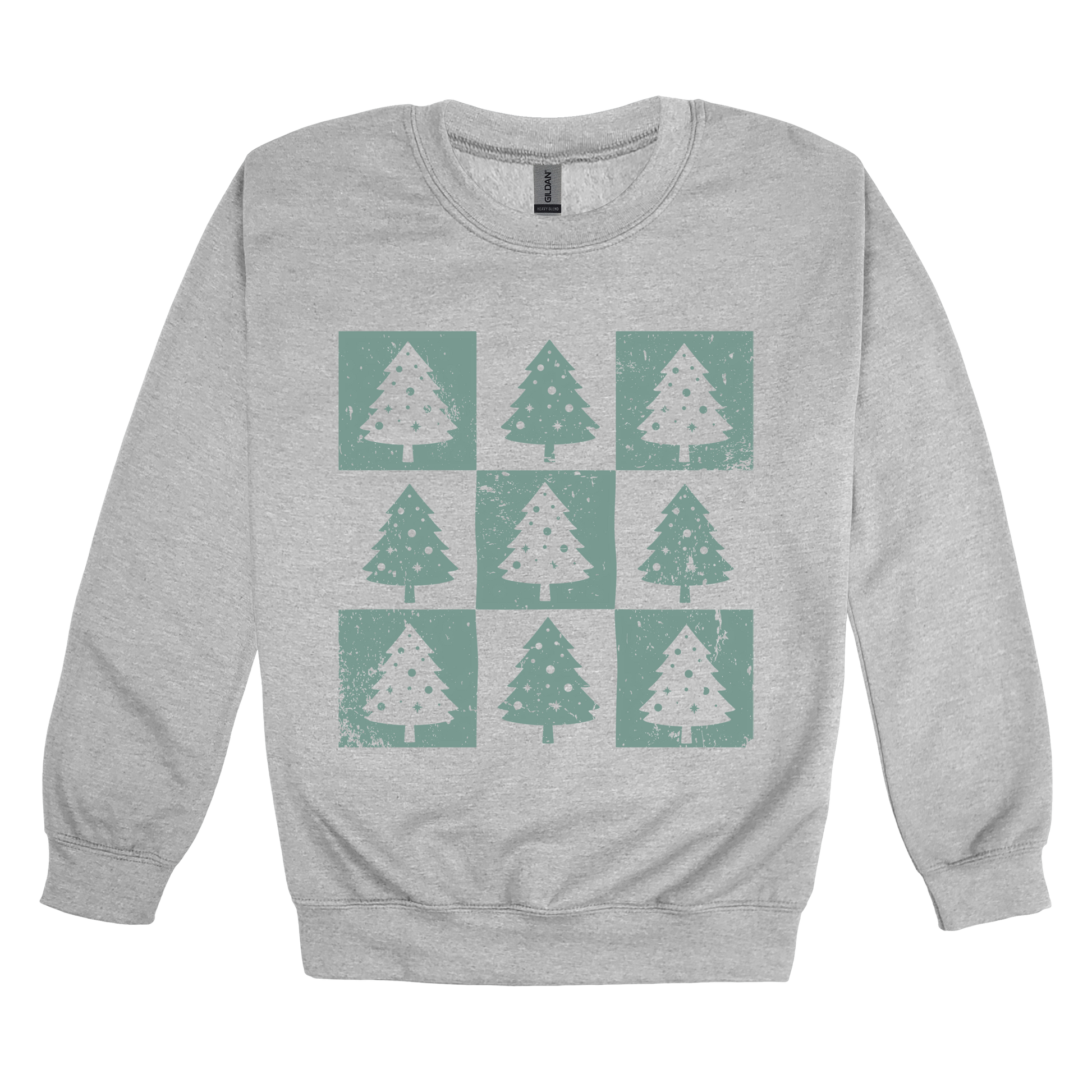 Checkered Trees Holiday Apparel design on adult crewneck in gray, front view.
