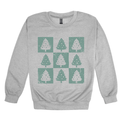 Checkered Trees Holiday Apparel design on adult crewneck in gray, front view.