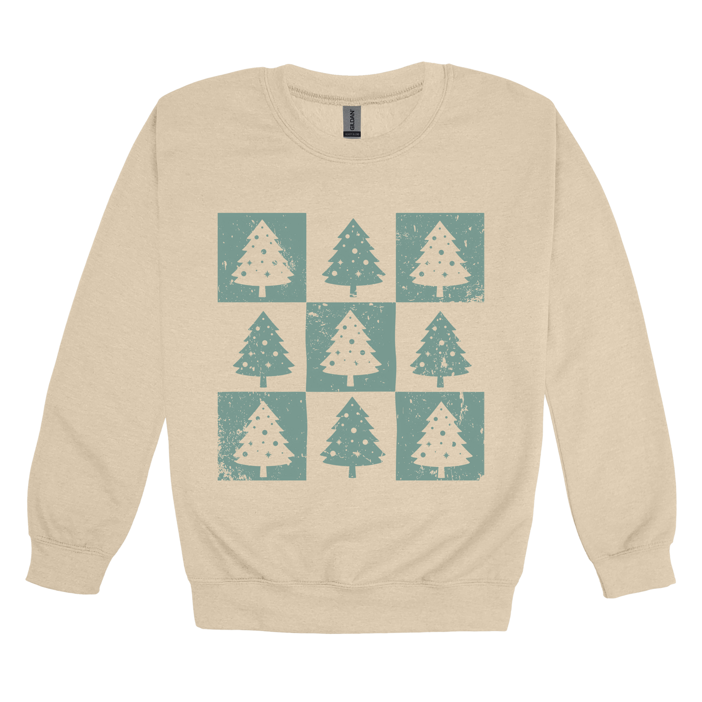 Checkered Trees Holiday Apparel design on adult crewneck in tan, front view.