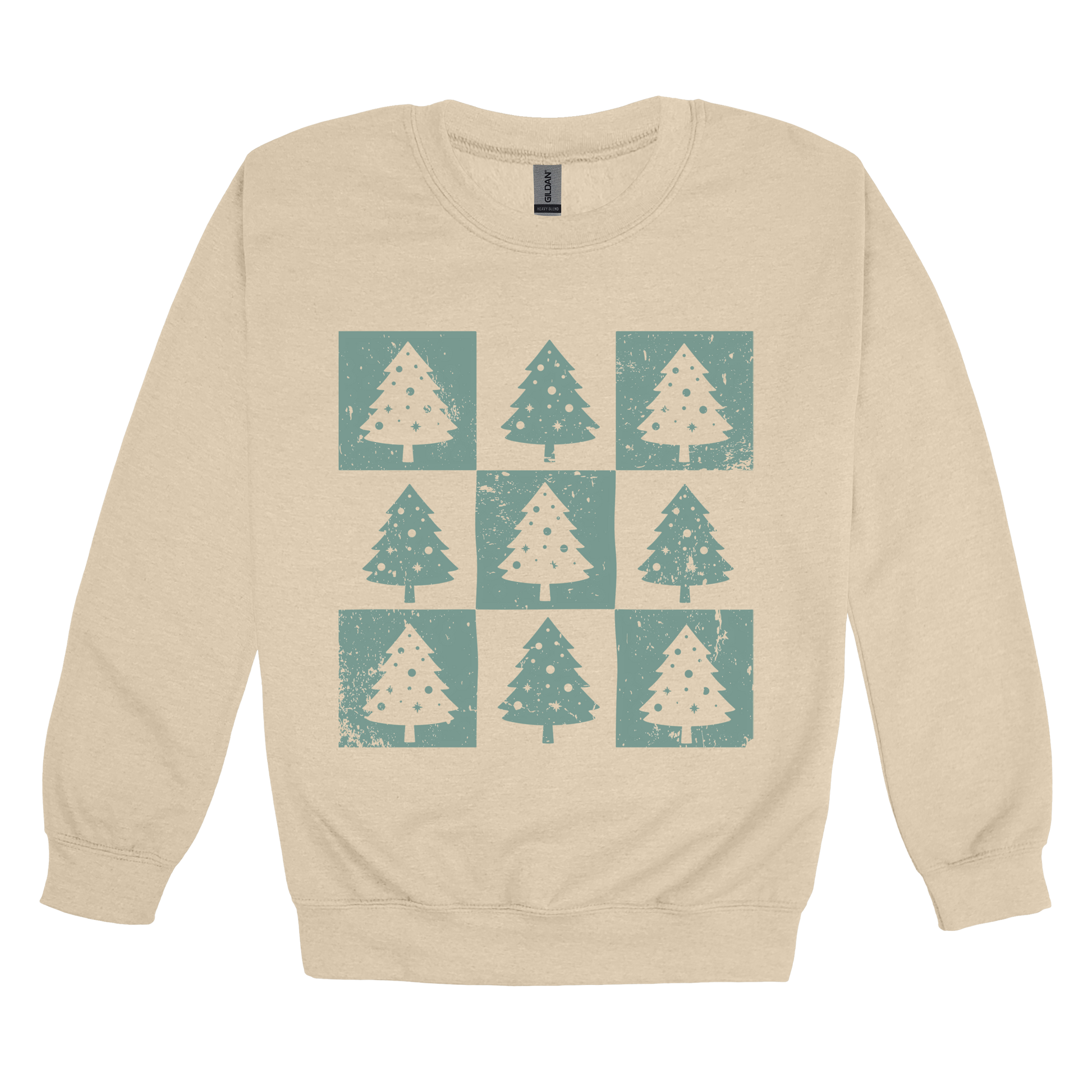 Checkered Trees Holiday Apparel design on adult crewneck in tan, front view.