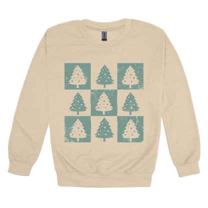 Checkered Trees Holiday Apparel design on adult crewneck in tan, front view.