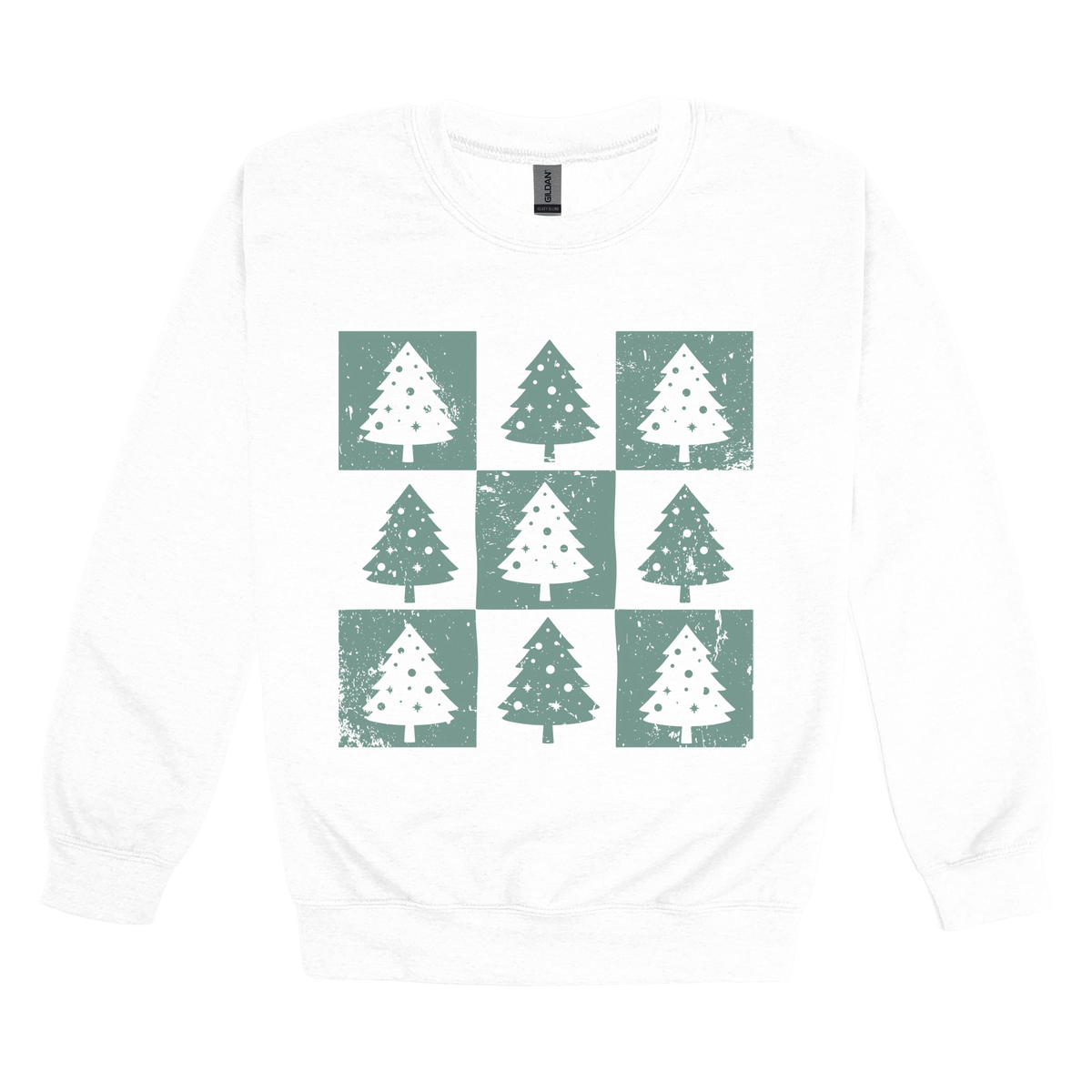 Checkered Trees Holiday Apparel design on adult crewneck in white, front view.