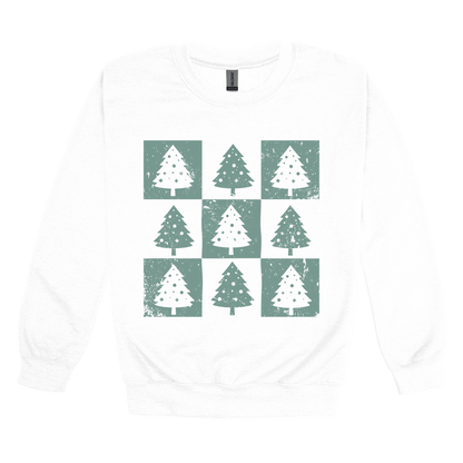 Checkered Trees Holiday Apparel design on adult crewneck in white, front view.