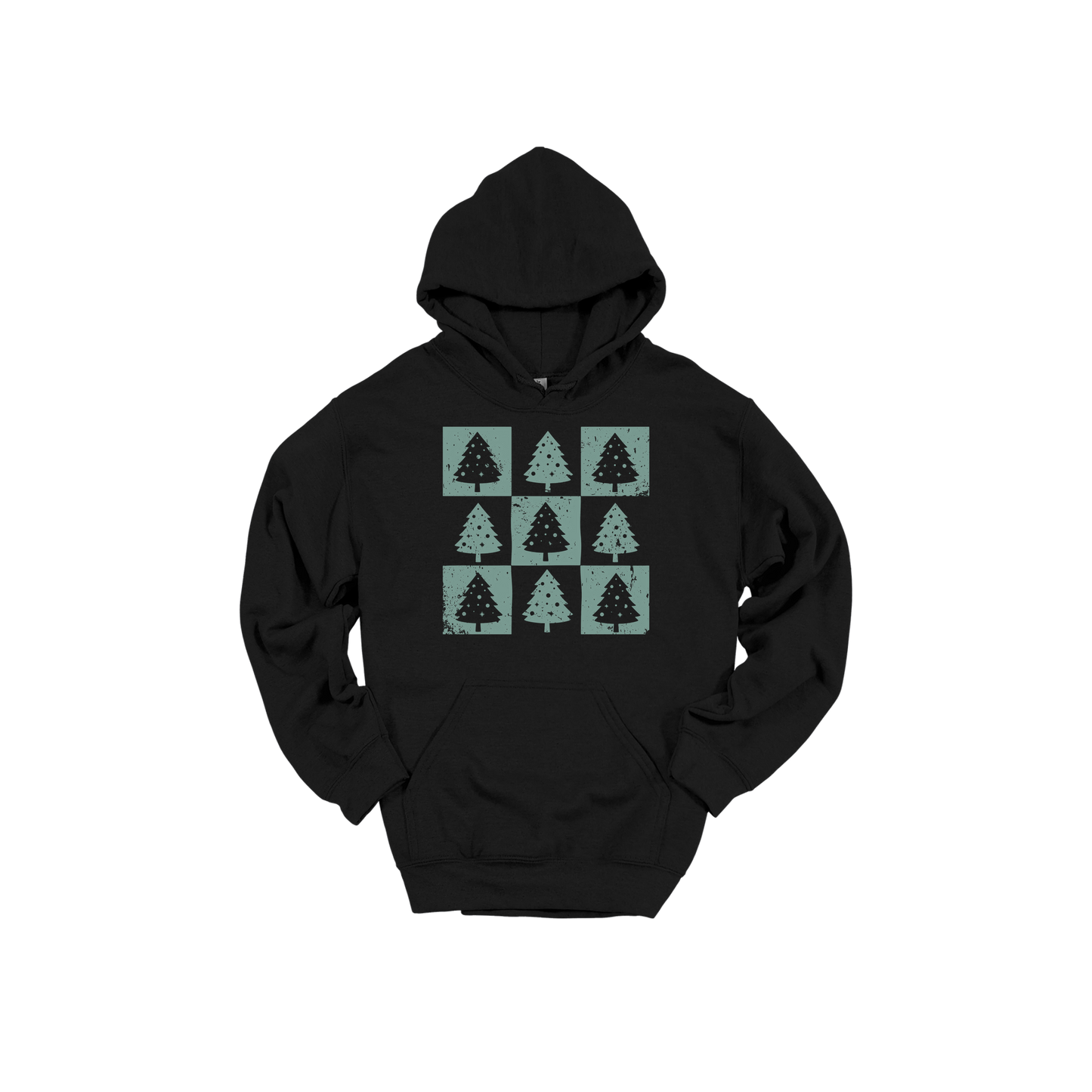 Checkered Trees Holiday Apparel design on adult hoodie in black, front view.